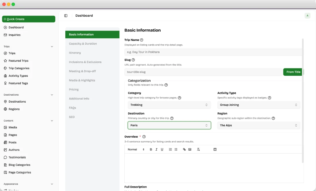 Trip catalog and itinerary builder