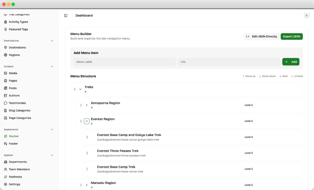 Navigation and menu builder